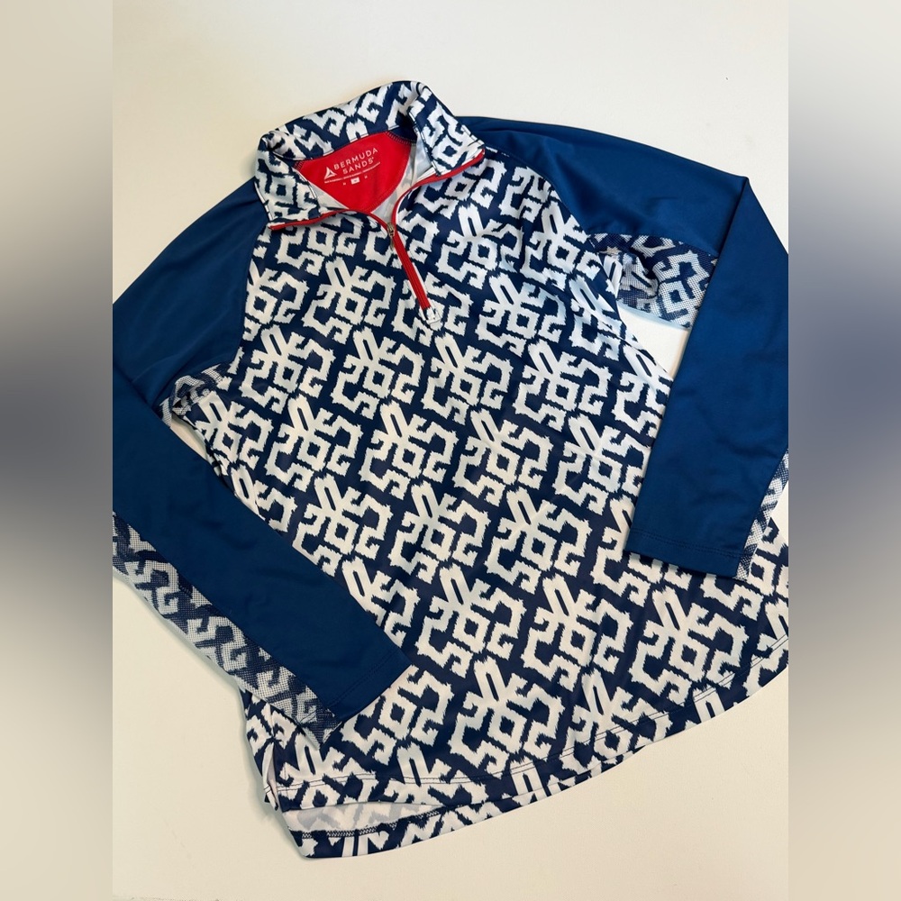 Bermuda Sands Quarter Zip Pullover Blue White Print Athletic Golf Top Medium - Picture 2 of 9